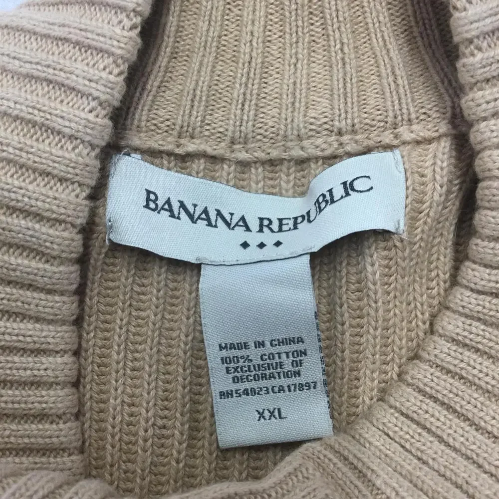 Banana Republic Sweater Mens 2XL Beige Henley Mock Neck Suede Elbow Patches Knit